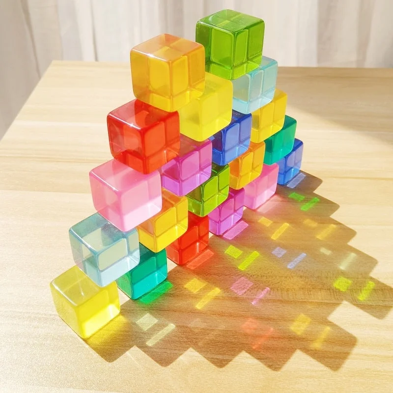 Natural - Finish Large - Sized Wooden Building Blocks for Toddlers' Creative PlayAcryliic Rainbow Blocks Cubes Gem Blocks Toys For Kids Transmission Cubes Stacking Early Educational Toys For Children