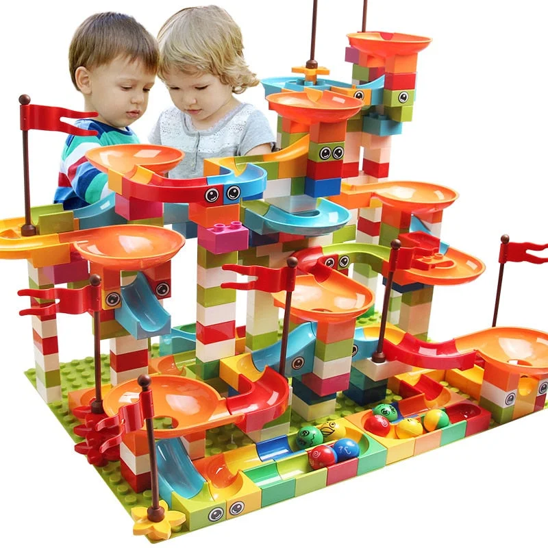 High - Quality Solid Wooden Building Blocks with Magnetic Inserts for Added Stability77-308PCS Marble Race Run Big Block Compatible city Building Blocks Funnel Slide Blocks DIY Big Bricks Toys For Children gift