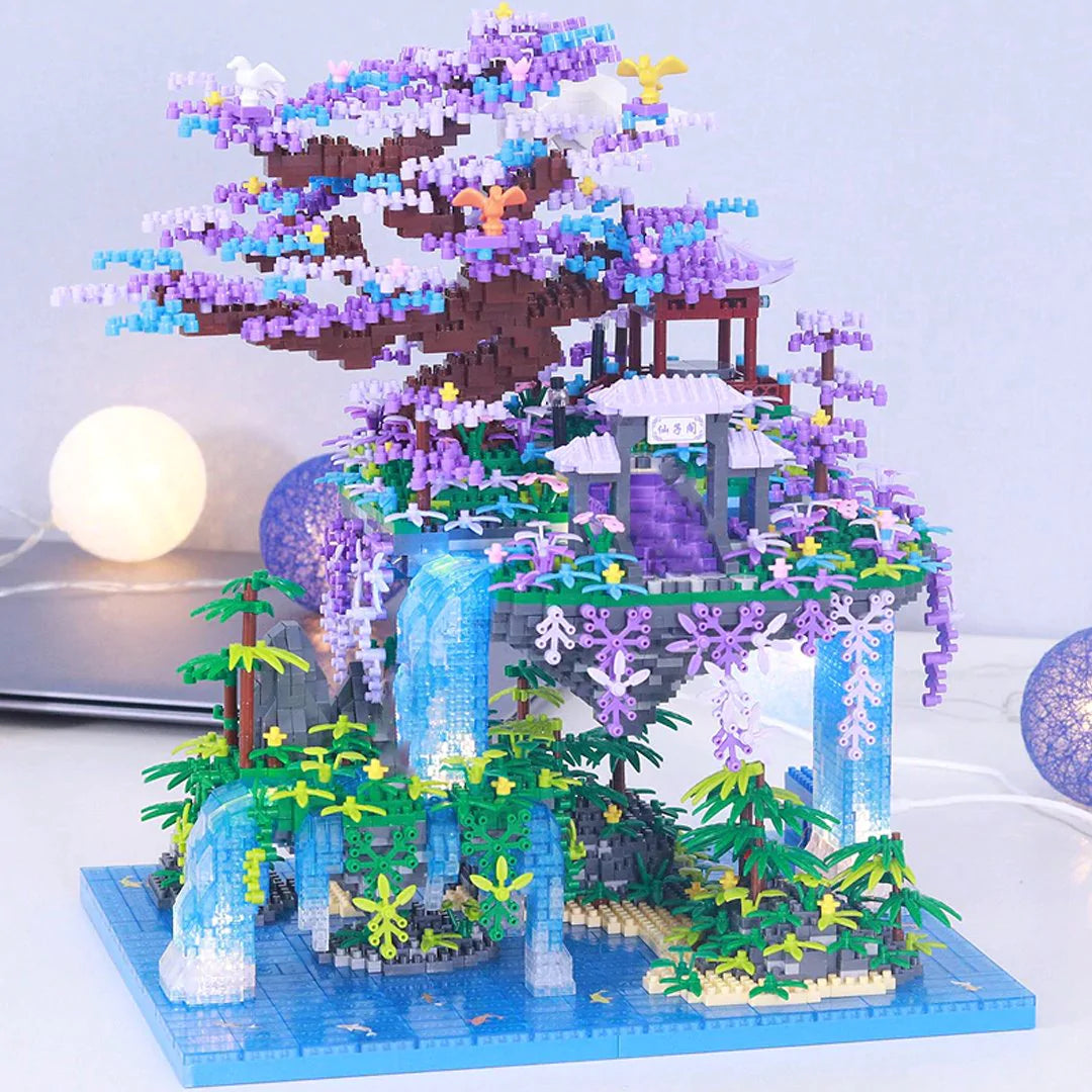 Sustainable Solid Wood Building Blocks with a Musical Instrument DesignNew Nano Building Blocks Set of Japanese Purple Sakura Tree Temple Waterfall