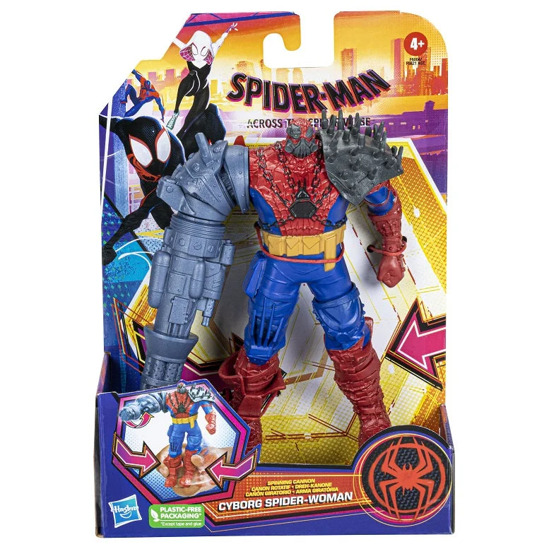 DC Comics Batman Action Figure in Classic Batsuit with Detachable Utility BeltMarvel Spider-Man Across The Spider-Verse Deluxe Figure Spinning Cannon Cyborg Spider-Woman