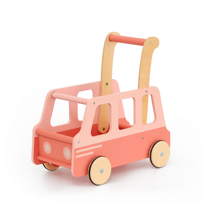 Sustainable Wood Marble Run Set with Multiple Tracks and Marble StoragePush school bus Assembled pink