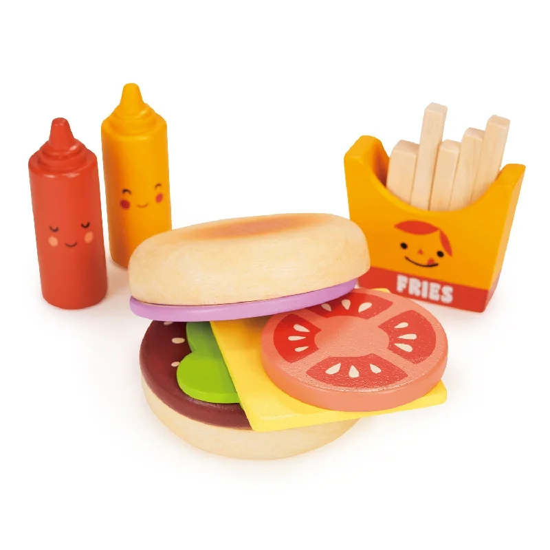 Natural Finish Wooden Pull - Along Toy Duck with Wheels for Toddler Outdoor PlayTake-out Burger Set