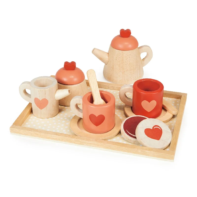 Hand - Painted Wooden Doll Set with Dresses and Accessories for Pretend PlaytimeTea Time Tray Set