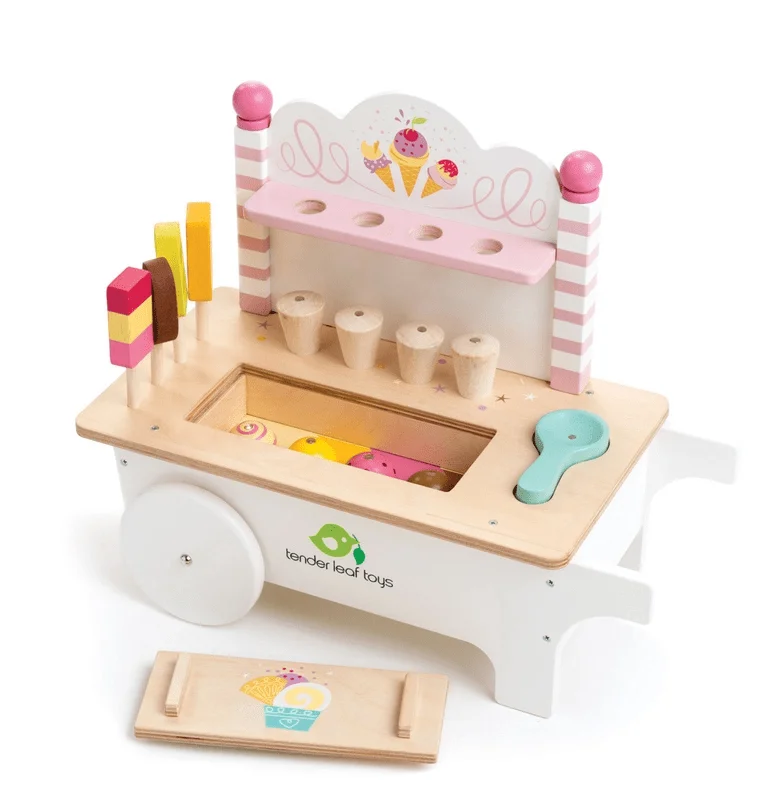 Wooden Toy Truck with Detachable Trailer for Imaginative Play and Cargo TransportTender Leaf Toys Push Along Ice Cream Cart