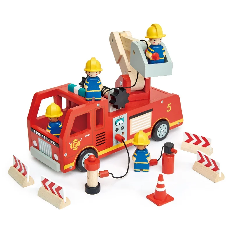 Eco - Friendly Wooden Building Blocks Set with Magnetic Connectors for Creative ConstructionWooden Fire Engine and Firefighter Play Set