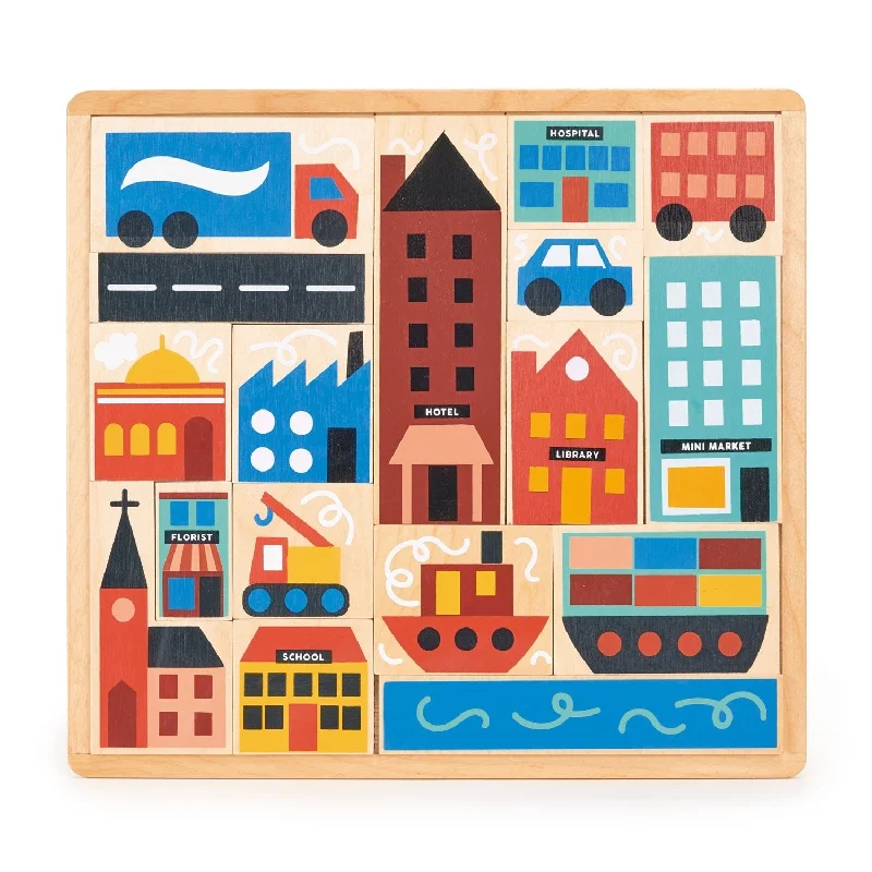 Sustainable Solid Wood Puzzle Set with 50 Pieces for Family Bonding and Brain TrainingTown Puzzle