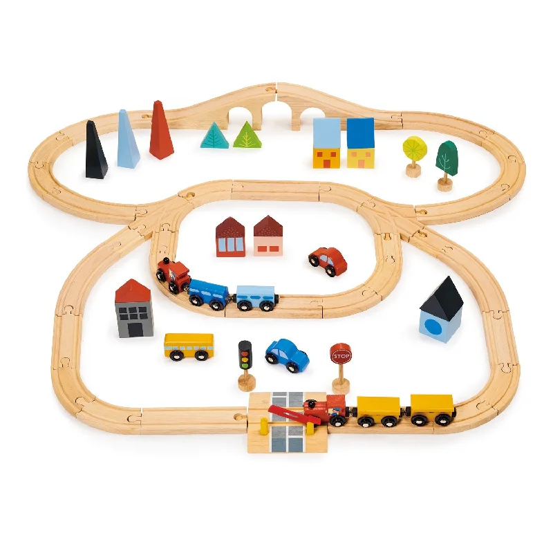 Sustainable Wood Marble Run Set with Multiple Tracks and Marble StorageTown Train Set