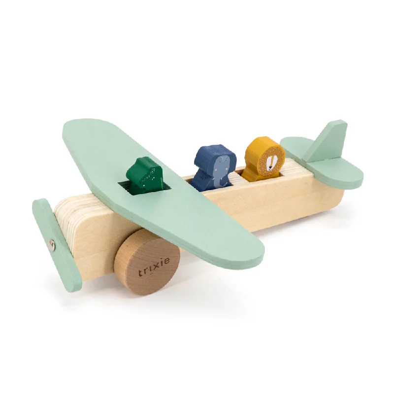 Hand - Painted Wooden Animal Figurines Set for Nursery Decor and Pretend PlayTrixie Wooden animal airplane