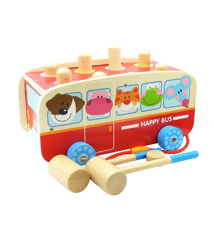 Sustainable Wooden Educational Toys with a Storytelling and Role - Playing SetWooden Animal Pounding Bus