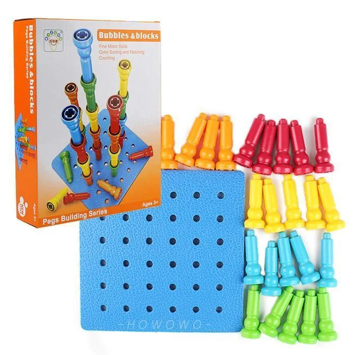 Natural Wood Educational Toys with a Construction and Engineering Play SetBubbles & Block Peg Stacker Pegs Building set