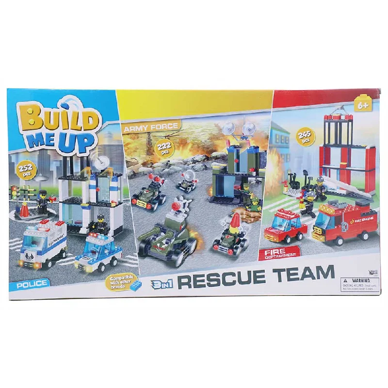 Solid Wood Educational Toys with a Science Experiment Theme for Young LearnersBuild Me Up Rescue Team 3 In 1 Police, Fire, Military Blocks Multicolour - 719 Pieces