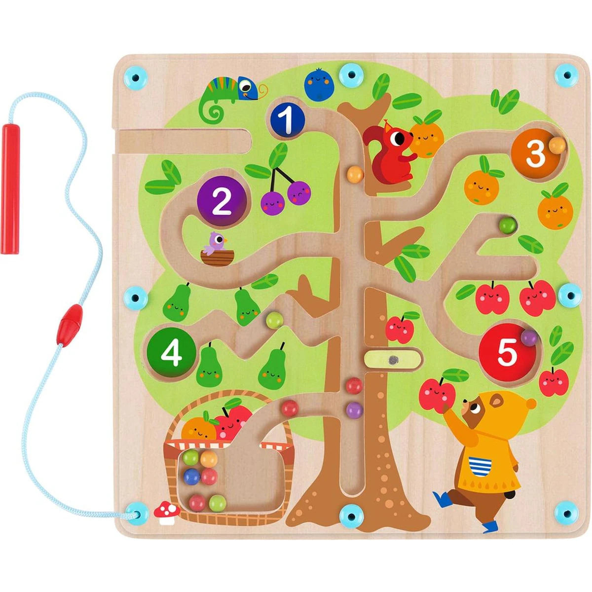 Sustainable Solid Wood Educational Toys with a Language - Learning Activity BookTooky Toy Magnetic Counting Fruit Ball Maze Tree