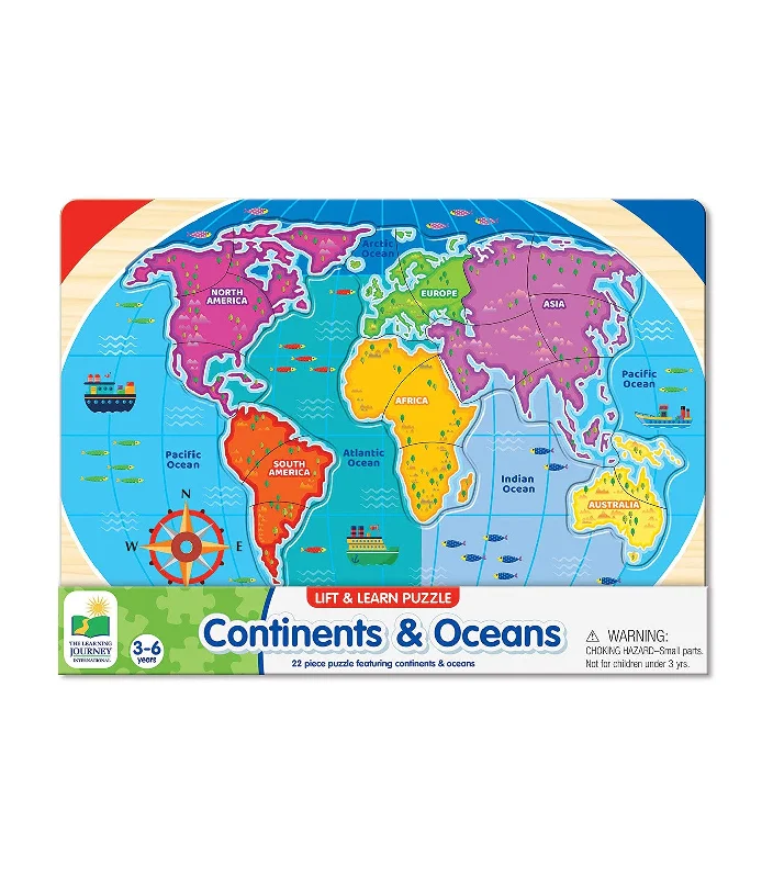 Solid Wood Educational Toys with a Math - Problem - Solving ChallengeLift & Learn Puzzles: Continents & Oceans Puzzle