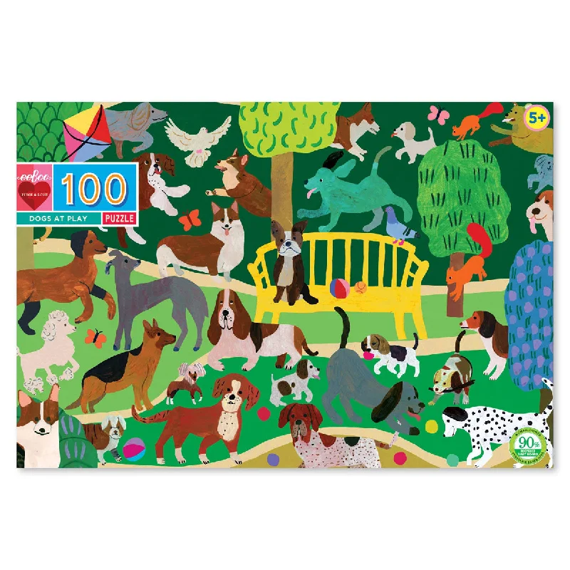 Scented Wooden Puzzles with a Fresh Pine Aroma for a Sensory Experience100 Piece Dogs at Play Puzzle by Eeboo